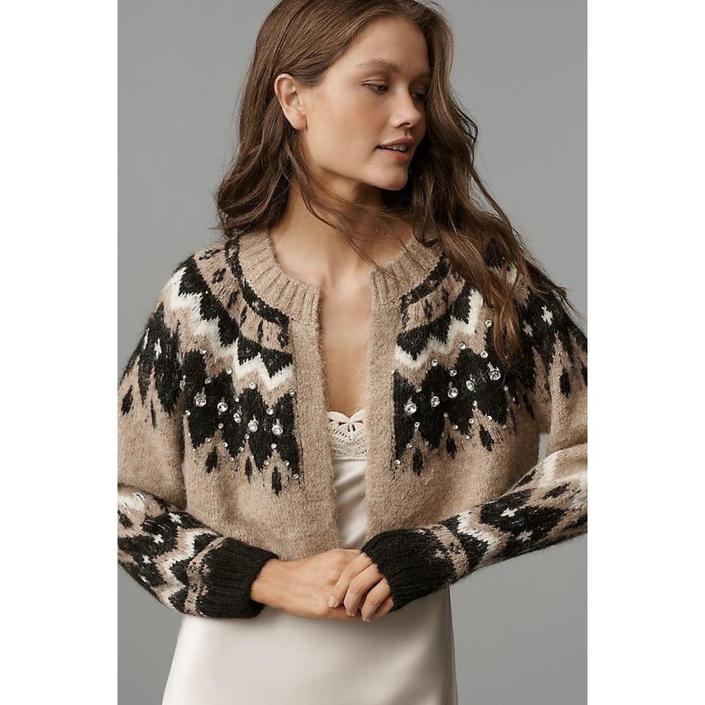 NEW Anthropologie Fair Isle Beaded Cropped Cardigan Sweater Cozy Nordic OS